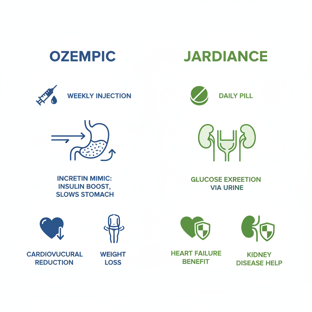 Infographic comparing Ozempic and Jardiance mechanisms and benefits side by side