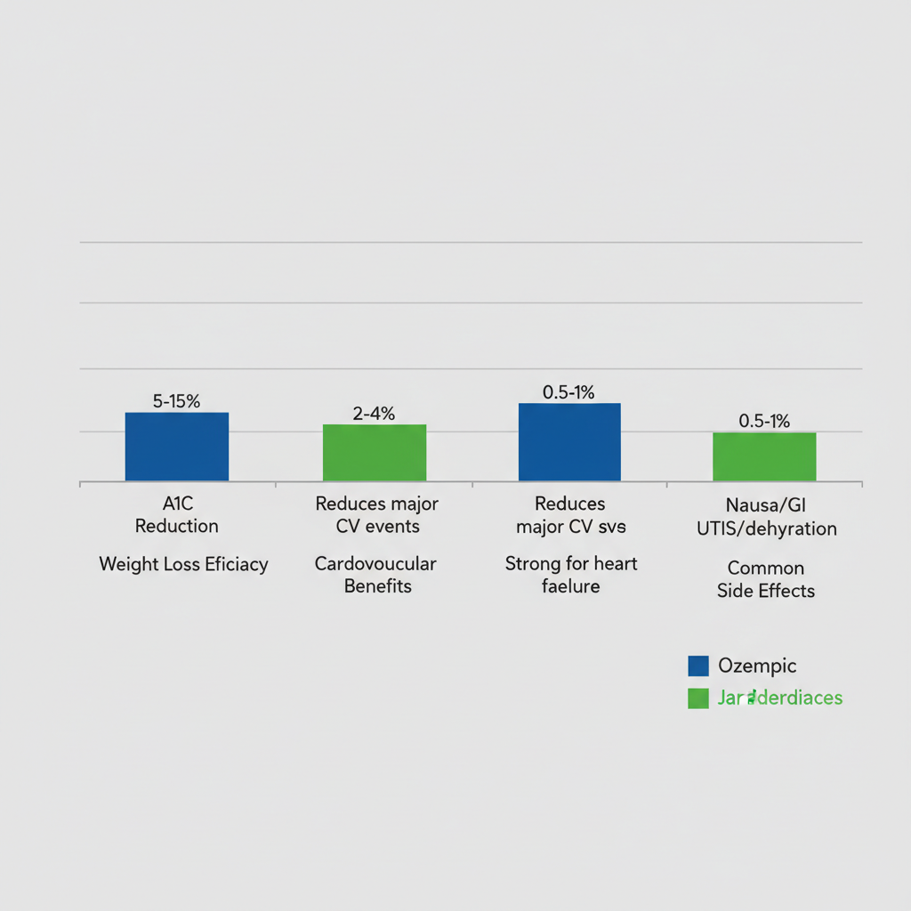 Grouped bar chart comparing Ozempic and Jardiance on weight loss efficacy, A1C reduction, cardiovascular benefits, and common side effects with labeled values.