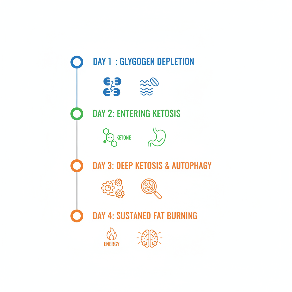 Vertical timeline depicting day-by-day physiological changes during a 96-hour fast, highlighting glycogen depletion, ketosis, autophagy, and fat burning stages.