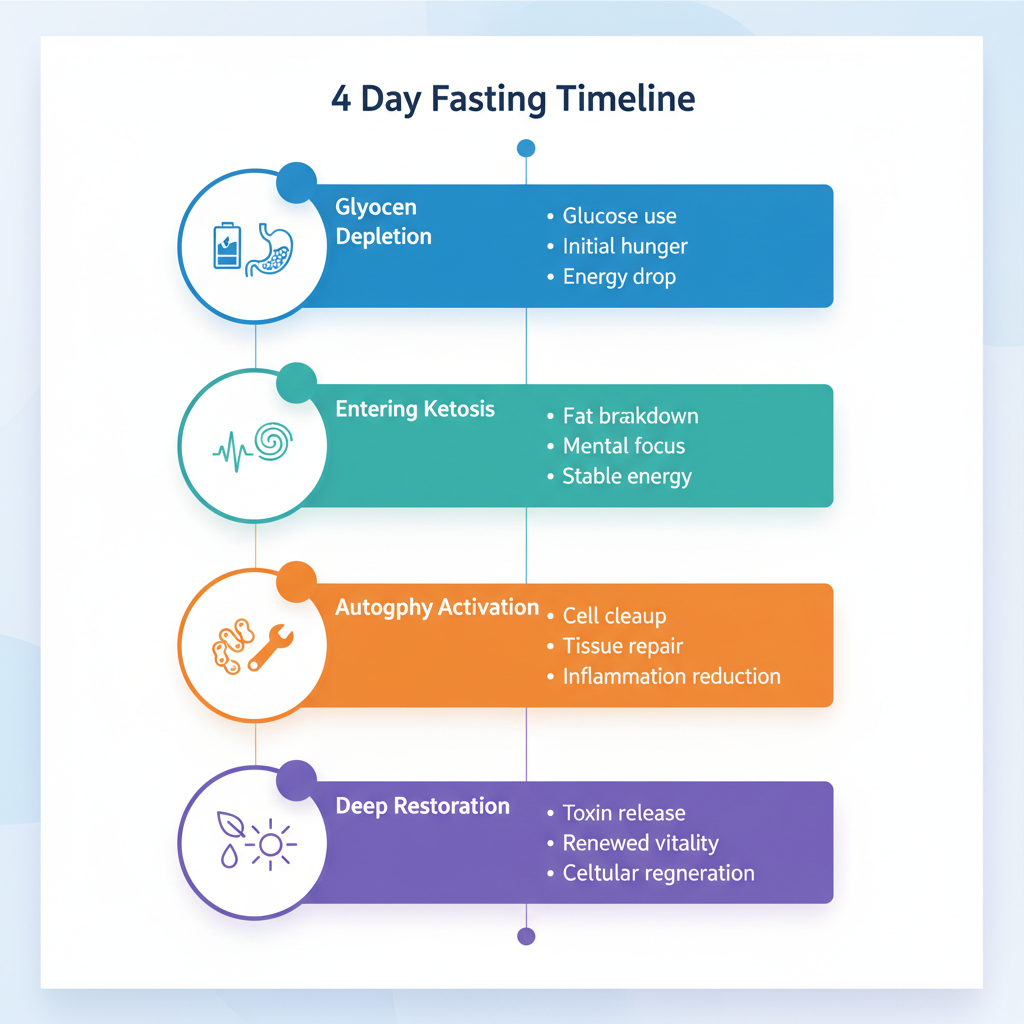 Vertical timeline of 4-day fasting stages: glycogen depletion with blue dot and empty energy icons, ketosis entry with green dot and ketone symbols, autophagy with orange dot and repair icons, deep restoration with purple dot and detox energy icons, clean professional design.