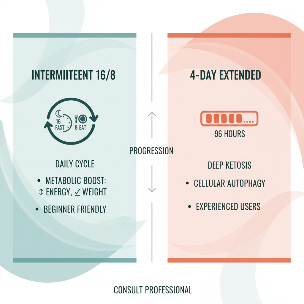 Infographic comparing intermittent 16/8 fasting and 4-day extended fasting with icons, benefits, and progression arrows.