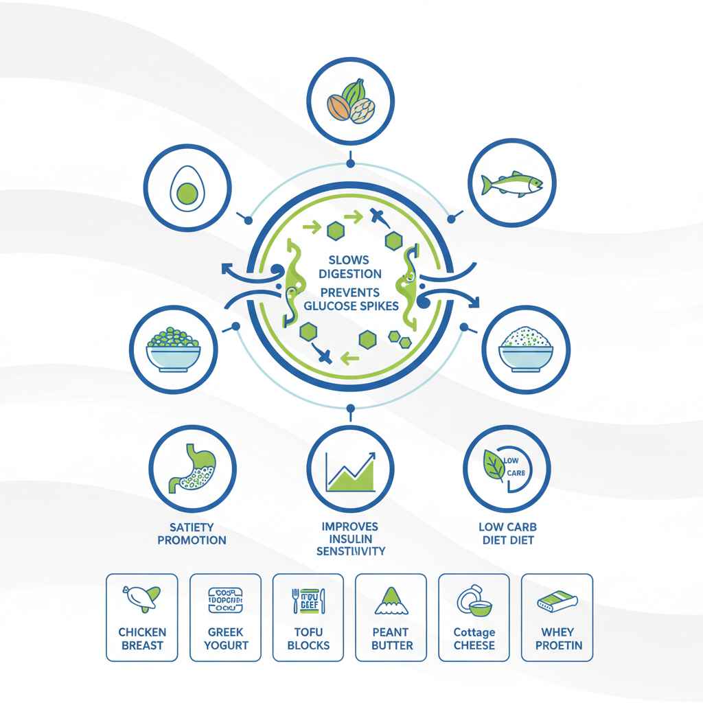 Infographic showing proteins stabilizing blood sugar with food icons and benefits visualization
