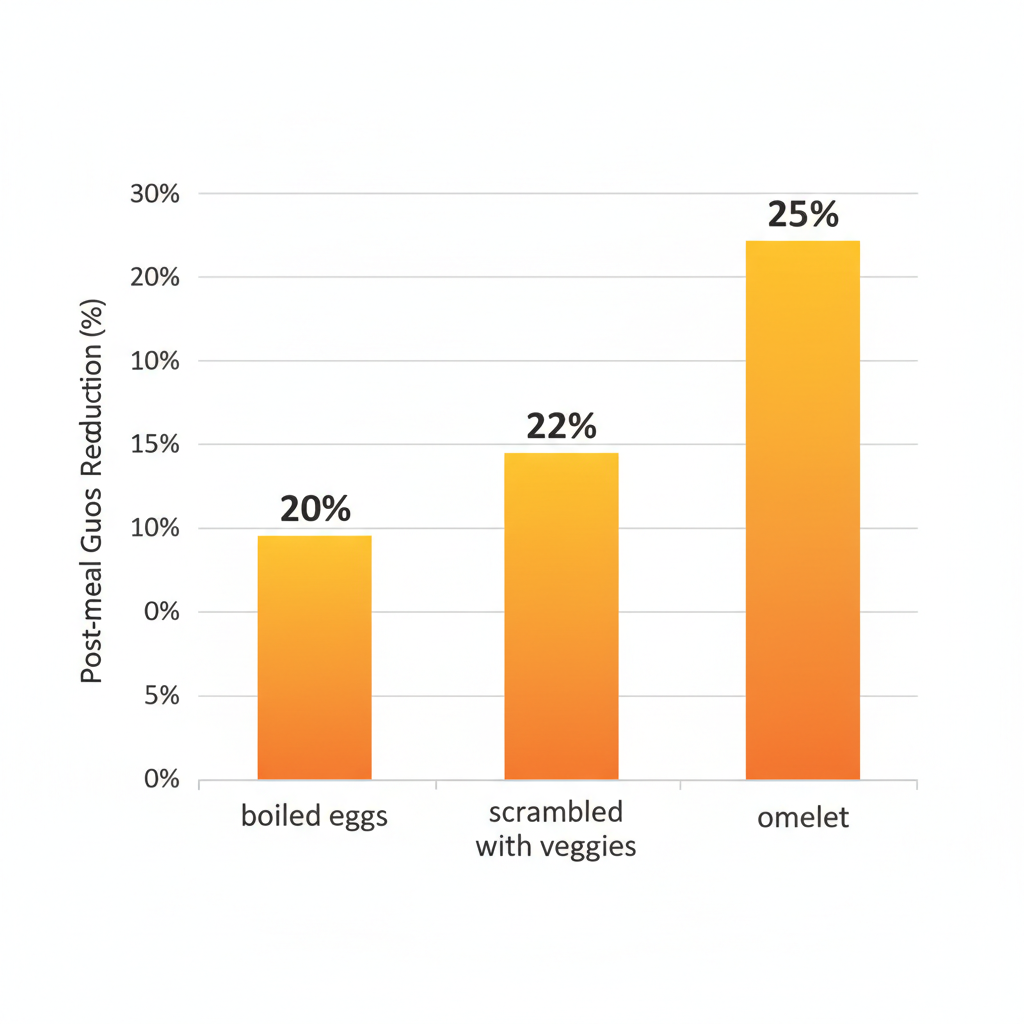 Bar chart showing the effects of different egg meals on reducing post-meal blood glucose levels based on studies.