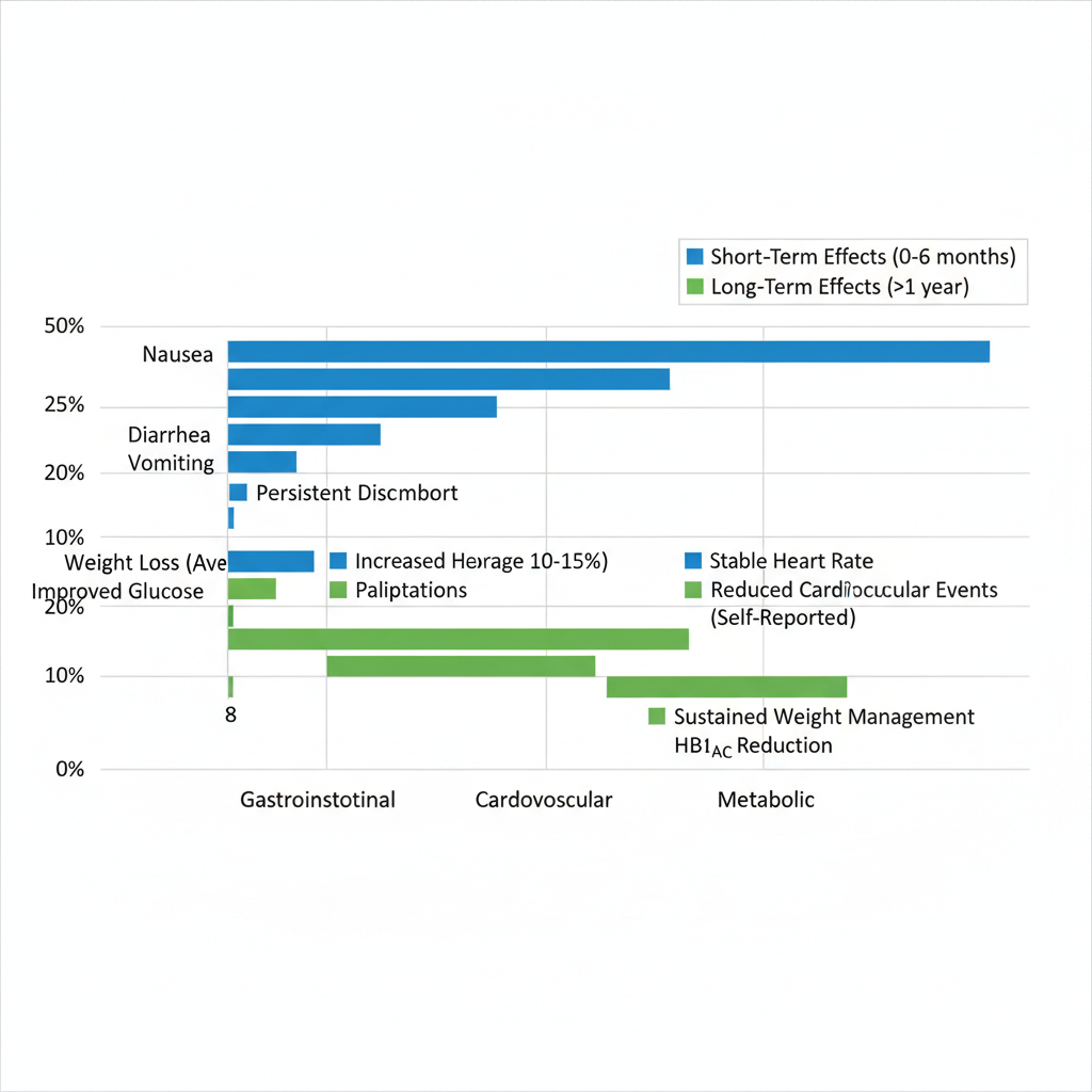 Horizontal bar chart comparing short-term and long-term effects of Ozempic on gastrointestinal, cardiovascular, and metabolic categories with percentage incidence rates.