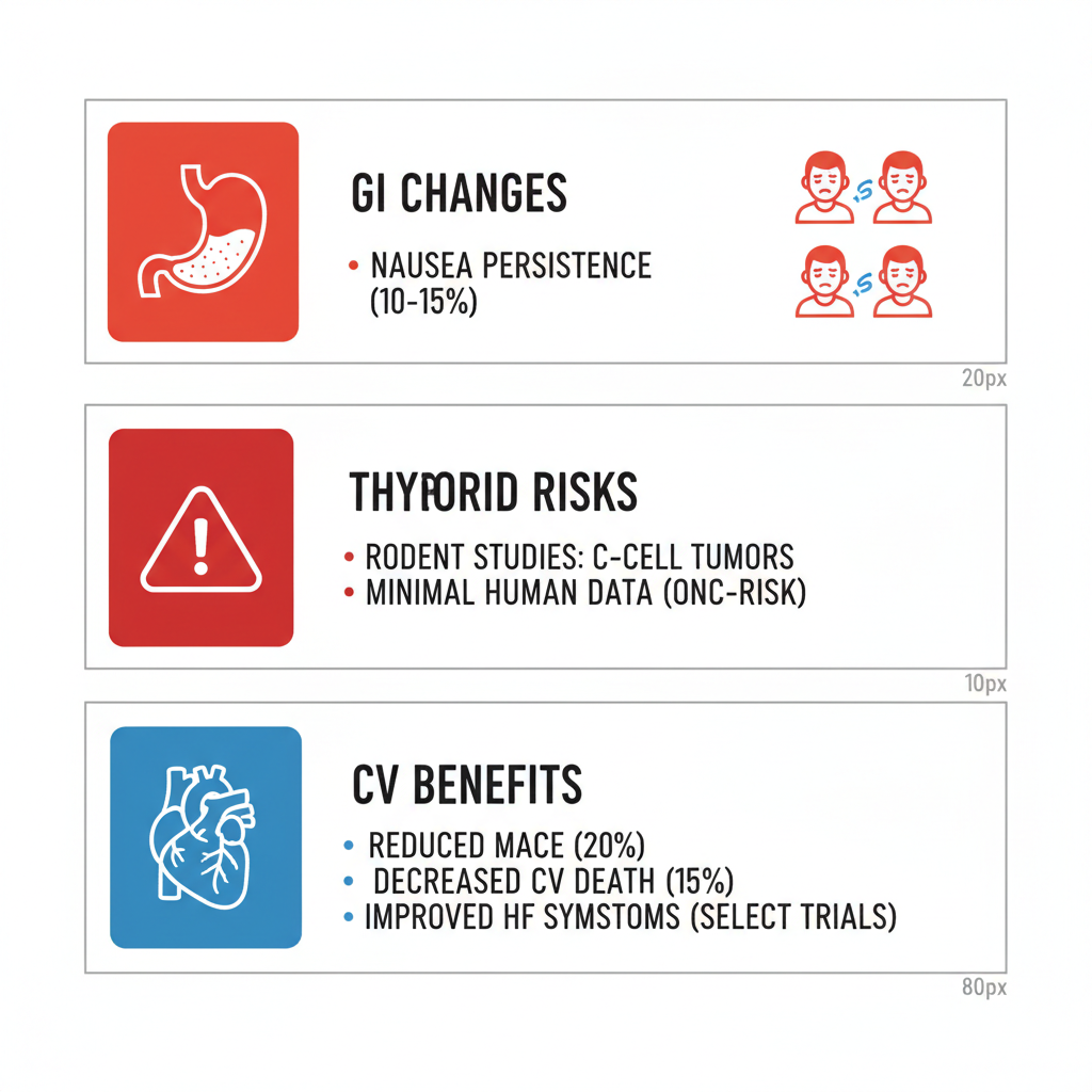 Infographic illustrating gastrointestinal, thyroid, and cardiovascular impacts of long-term Ozempic use