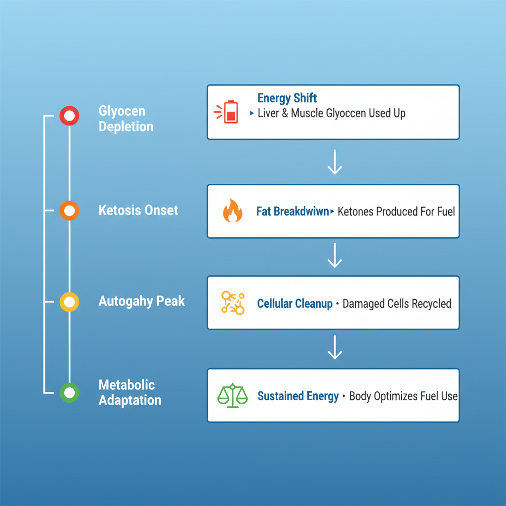Vertical timeline illustrating physiological changes during a 96-hour fast with icons for glycogen depletion, ketosis onset, autophagy peak, and metabolic adaptation.