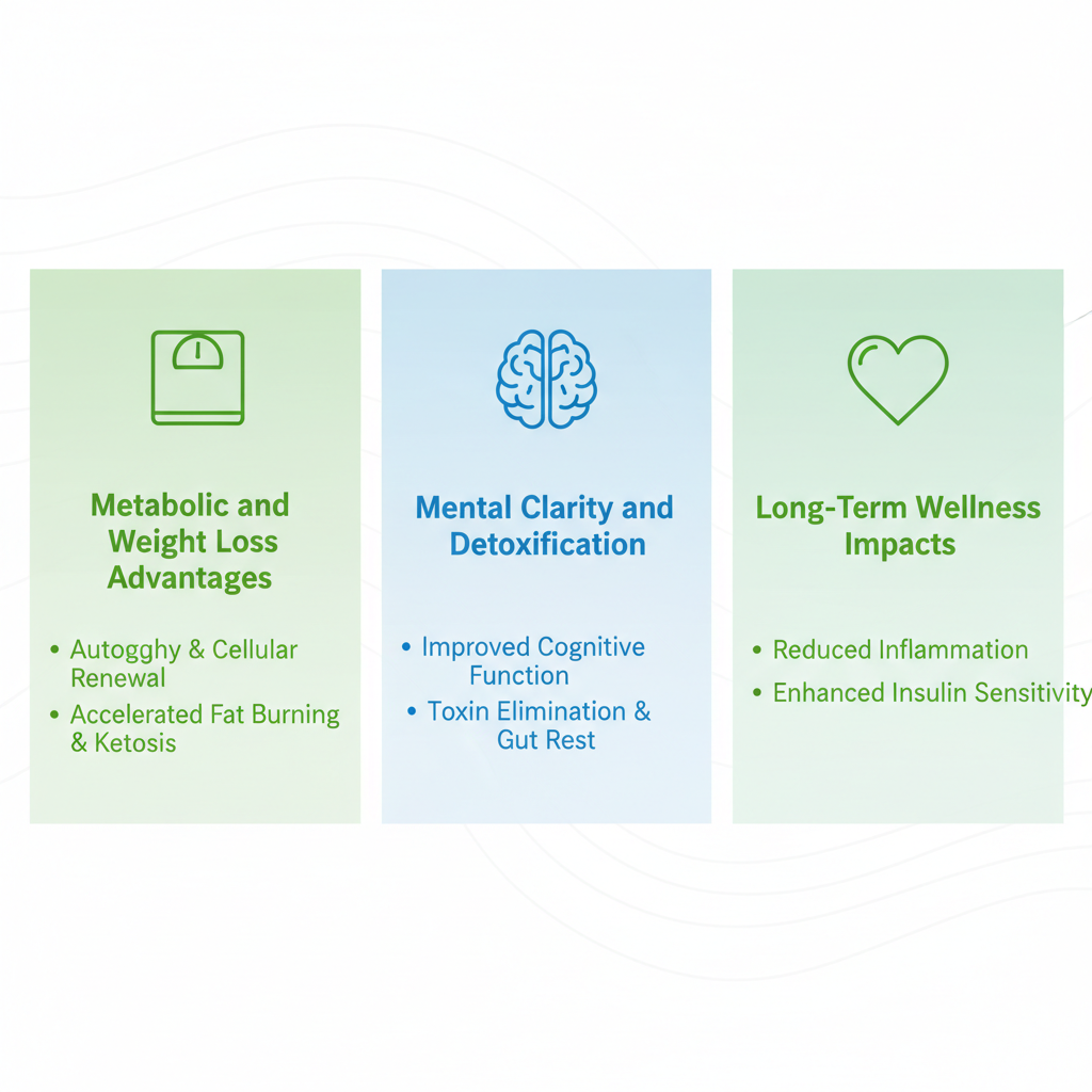 Infographic illustrating the metabolic, mental, and long-term wellness benefits of a 96-hour fast with icons and bullet points