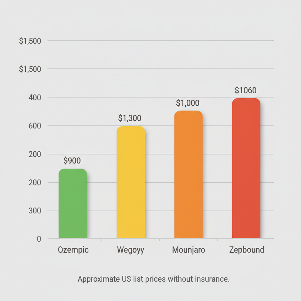 Vertical bar chart showing monthly list prices for Ozempic at $900, Wegovy at $1,300, Mounjaro at $1,000, and Zepbound at $1,060 without insurance.