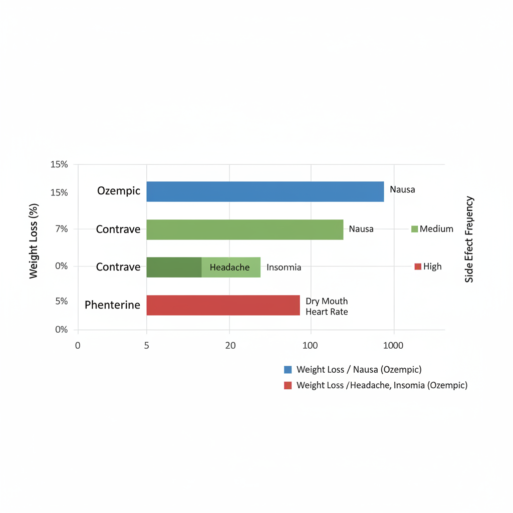 Horizontal bar chart comparing average weight loss percentages and side effect frequencies for Ozempic, Contrave, and Phentermine weight loss medications.