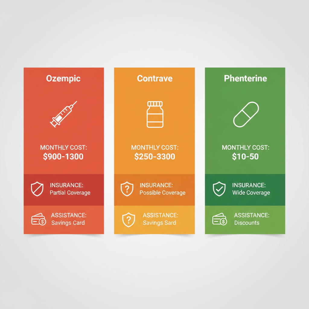 Infographic showing cost breakdown and insurance coverage for Ozempic, Contrave, and Phentermine weight loss medications