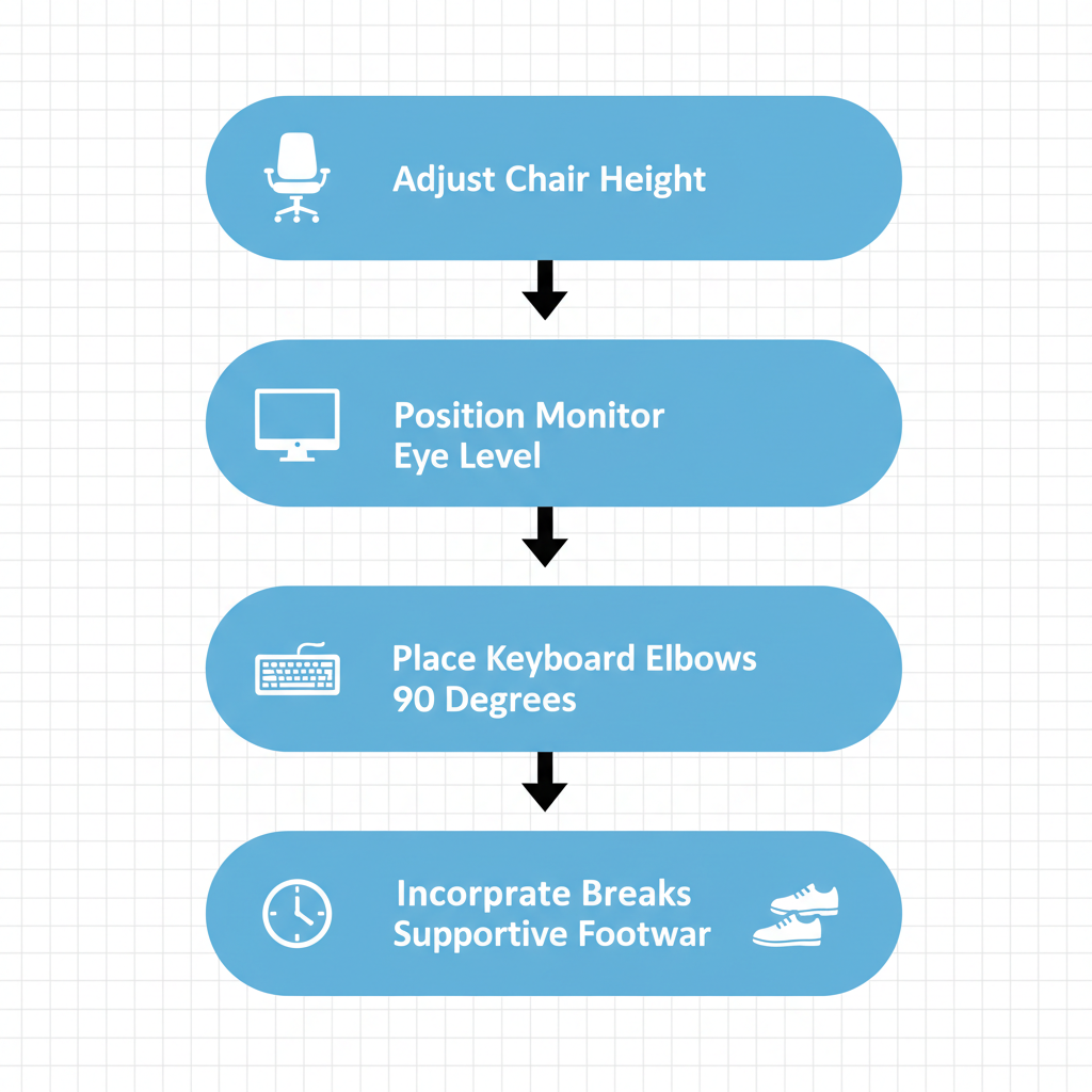 Vertical process flow diagram showing steps to prepare an ergonomic workspace for posture stretches