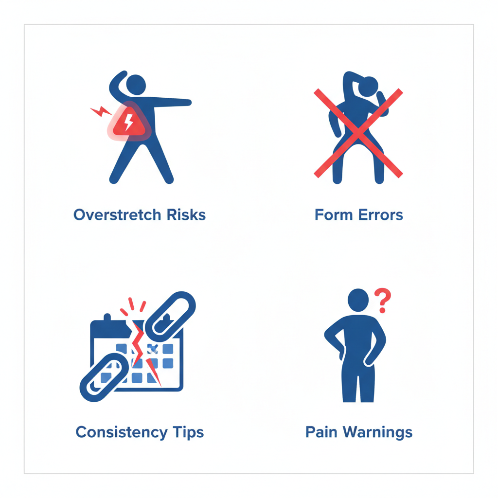 Square grid of four icons showing common issues with office posture stretches: overstretch risks, form errors, consistency tips, and pain warnings.