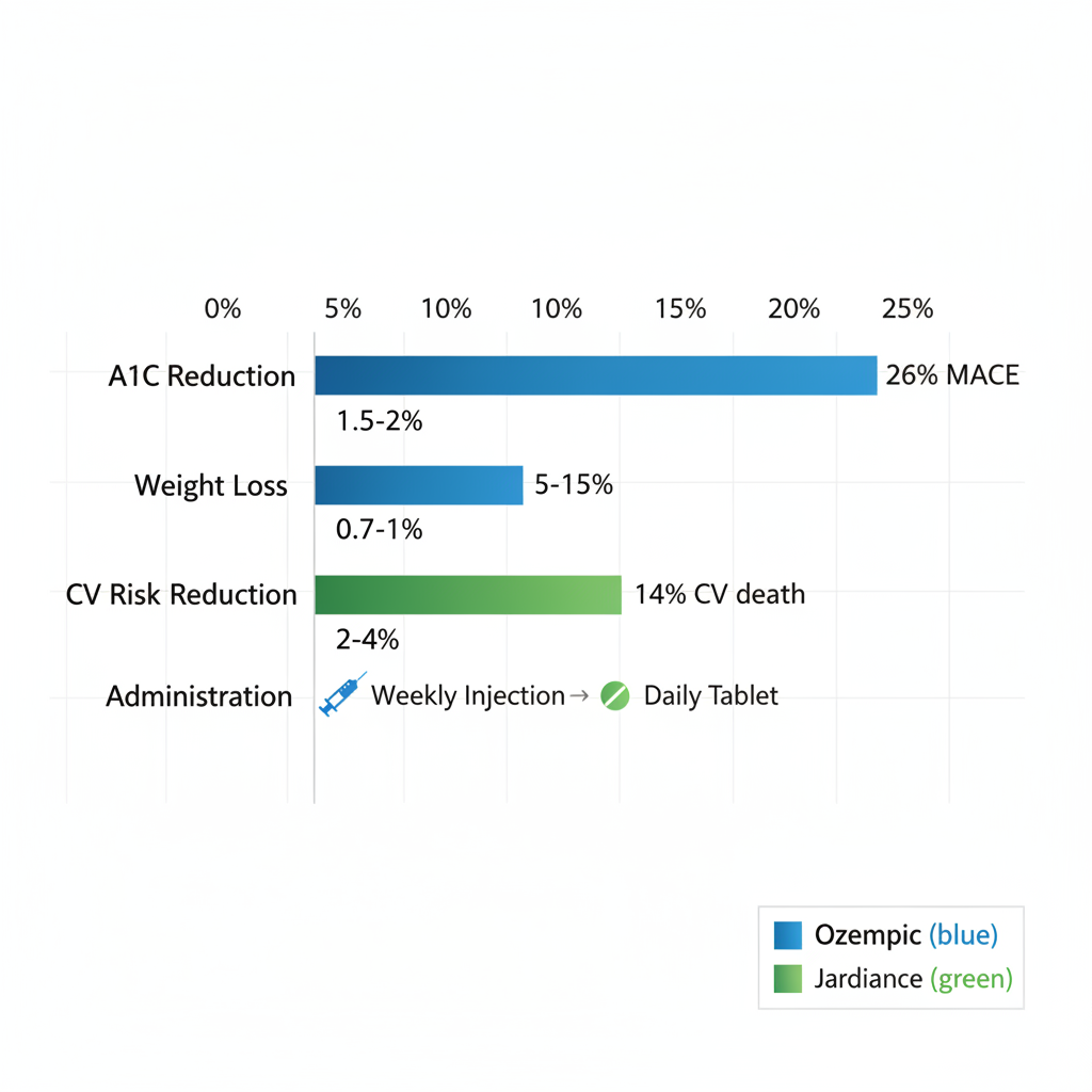 Horizontal bar chart comparing Ozempic and Jardiance on A1C reduction, weight loss, cardiovascular risk reduction, and administration method with blue bars for Ozempic and green for Jardiance.