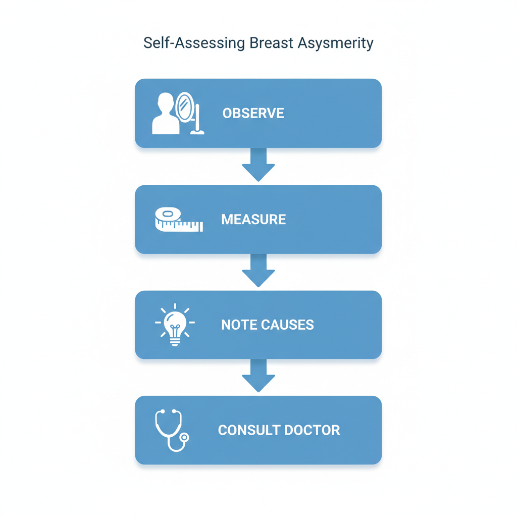 Vertical process flow diagram illustrating four steps to self-assess breast asymmetry with icons and arrows.