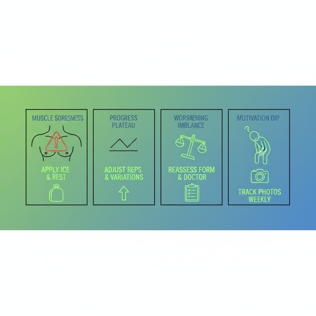 Infographic showing four common challenges and solutions for pectoral exercises to improve breast symmetry, with icons and brief labels
