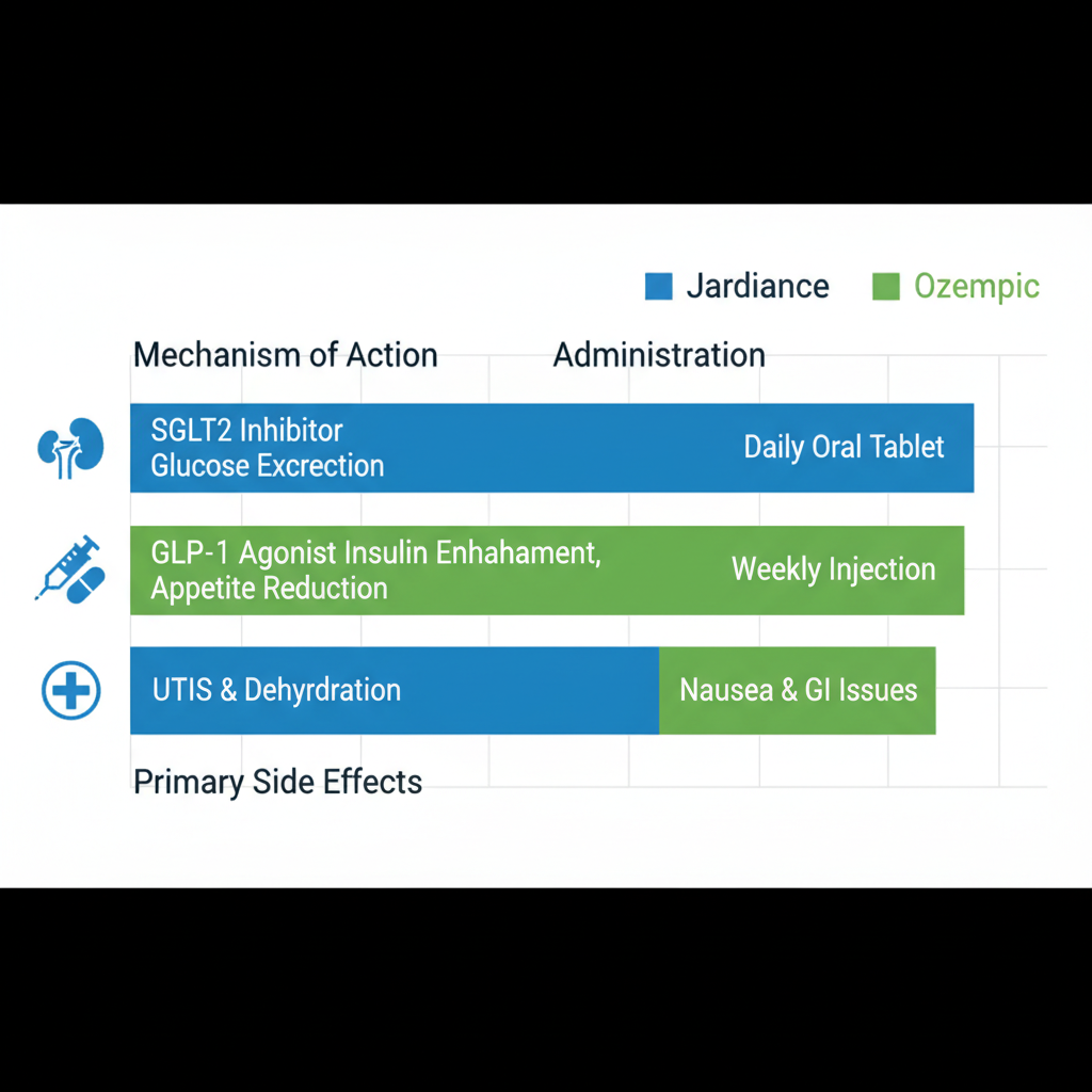 Horizontal bar chart comparing features of Jardiance and Ozempic for diabetes treatment