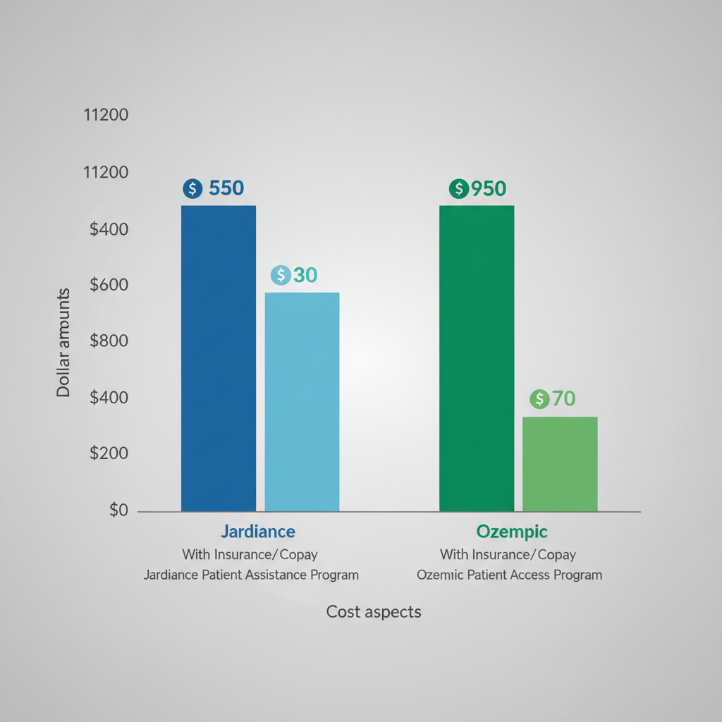 Bar chart comparing monthly costs of Jardiance and Ozempic with and without insurance, including assistance program notes.