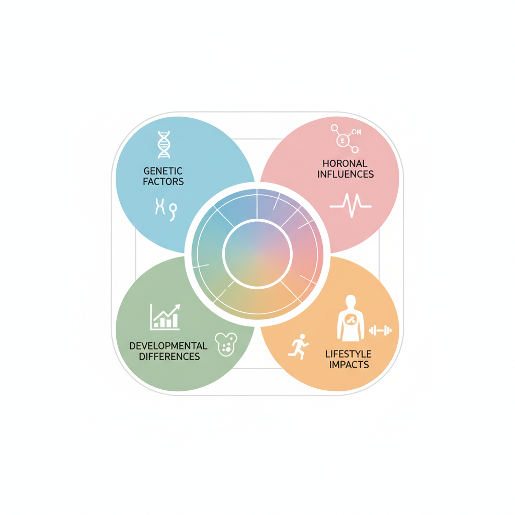 Infographic illustrating common causes of breast asymmetry including genetic, hormonal, developmental, and lifestyle factors with icons and minimal labels