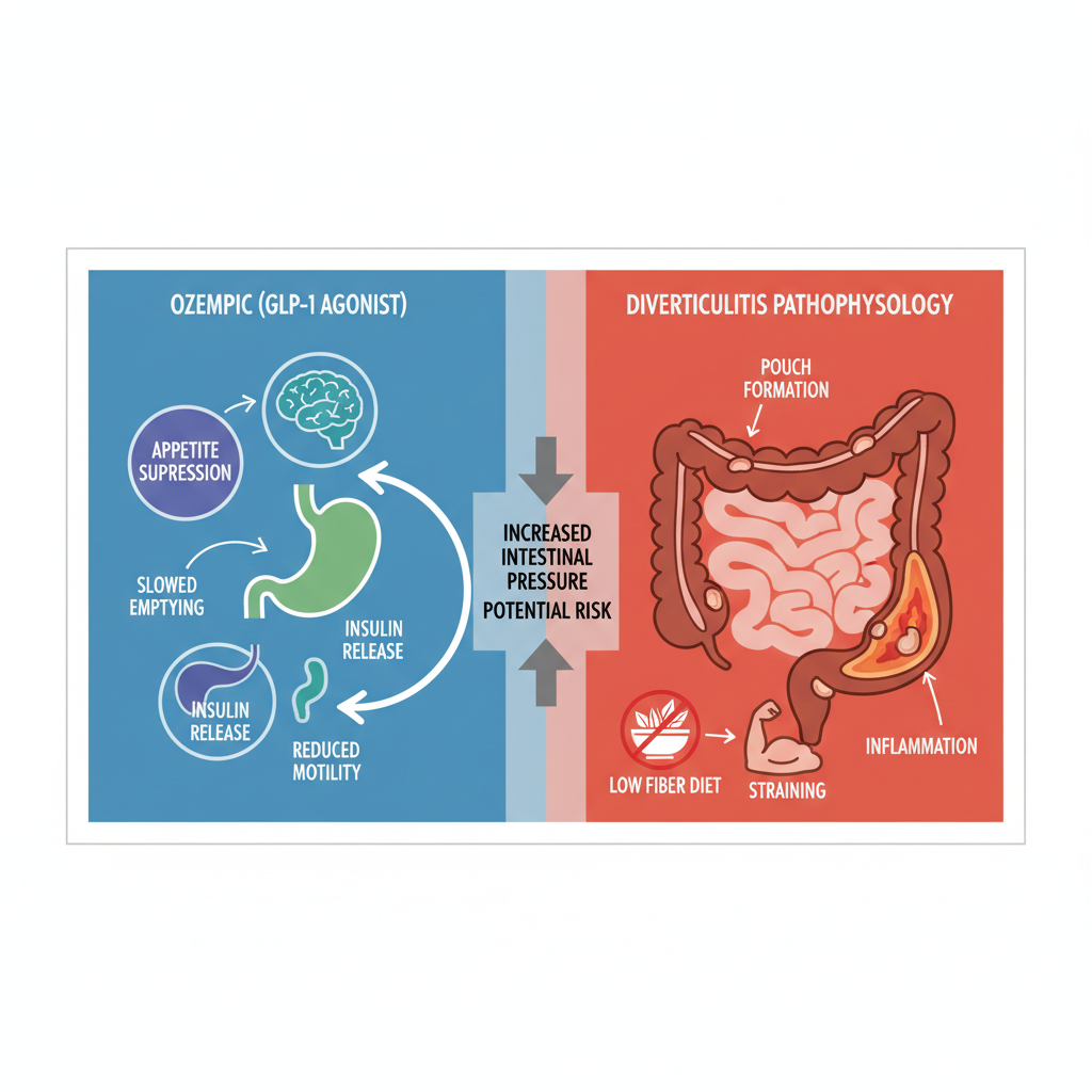 Infographic comparing Ozempic's GLP-1 effects on stomach, pancreas, and brain to diverticulitis colon pouch formation and inflammation risks.