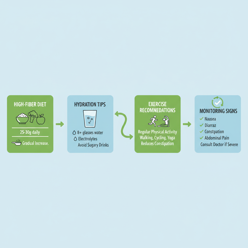Infographic showing strategies to prevent constipation and diverticulitis on Ozempic including diet, hydration, exercise, and monitoring.