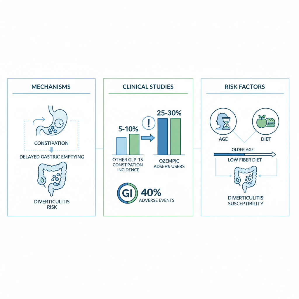 Infographic depicting mechanisms, clinical studies, and factors linking Ozempic to diverticulitis risks