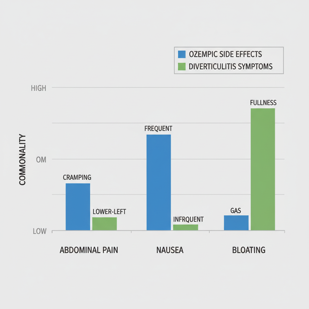 Bar chart comparing Ozempic side effects and diverticulitis symptoms with commonality scales and differentiation labels