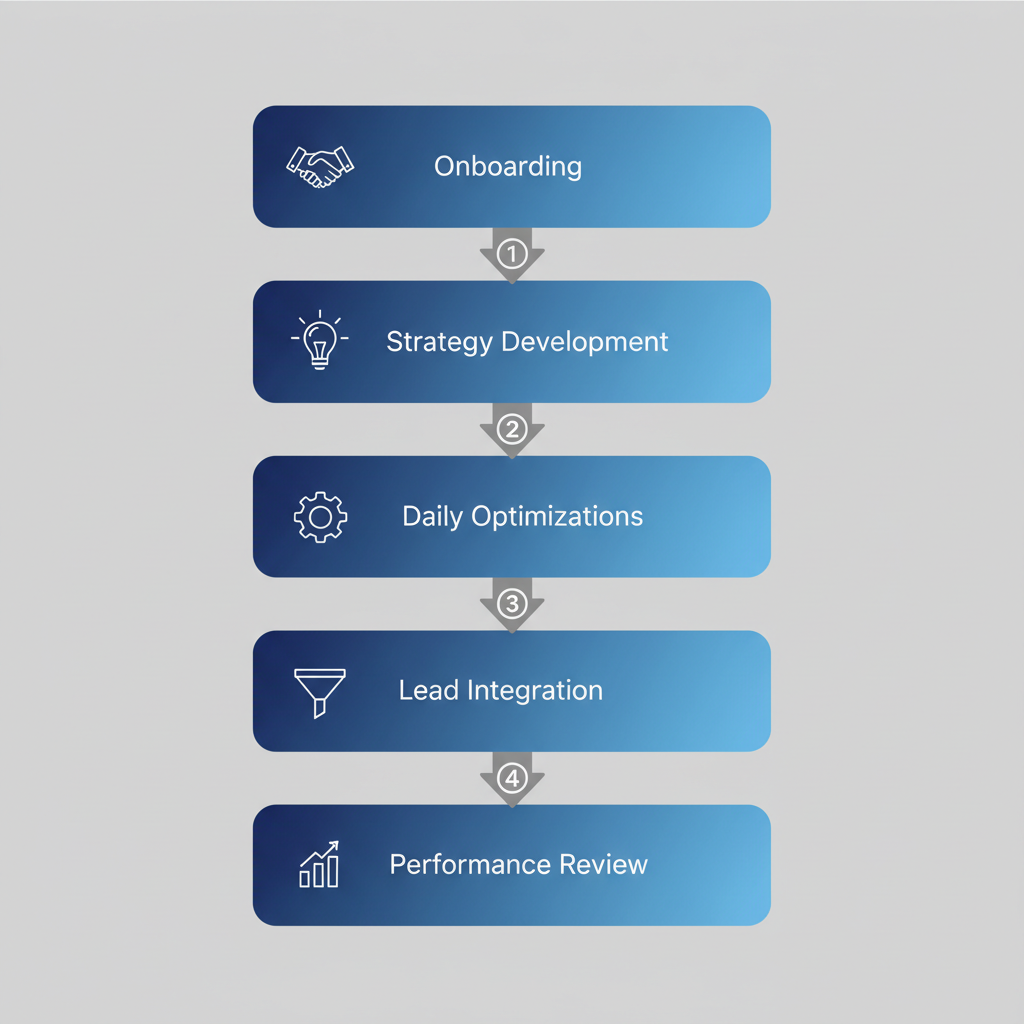 Vertical process flow diagram showing five stages of marketing agency operations for contractors: onboarding, strategy development, daily optimizations, lead integration, and performance review.