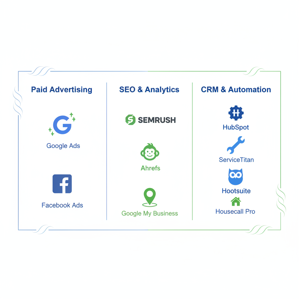 Infographic depicting key tools for HVAC marketing in paid ads, SEO analytics, and CRM automation categories with icons and minimal labels