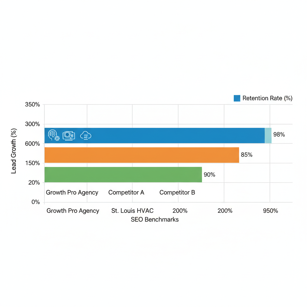 Horizontal bar chart comparing lead growth percentages and retention rates of HVAC SEO providers in St. Louis, highlighting Growth Pro Agency's performance.