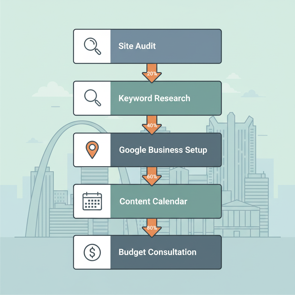 Vertical process flow diagram illustrating five steps to implement HVAC SEO: site audit, keyword research, Google Business setup, content calendar, and budget consultation.