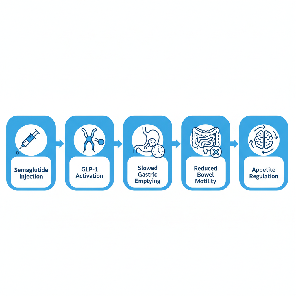 Horizontal process flow diagram showing Ozempic's effects on digestive health through GLP-1 receptor activation stages