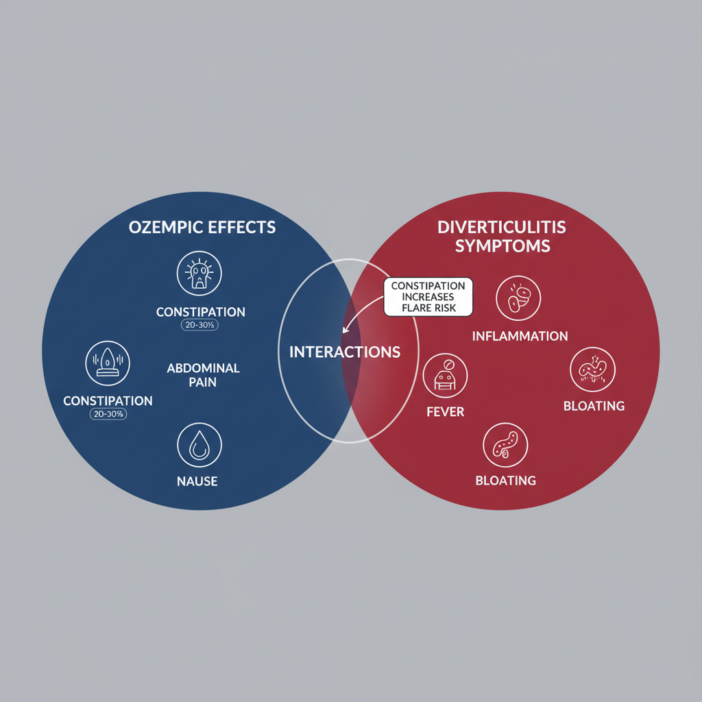 Infographic featuring a Venn diagram illustrating the intersection of Ozempic medication side effects and diverticulitis symptoms, including icons for constipation, pain, nausea, inflammation, and risk highlights.