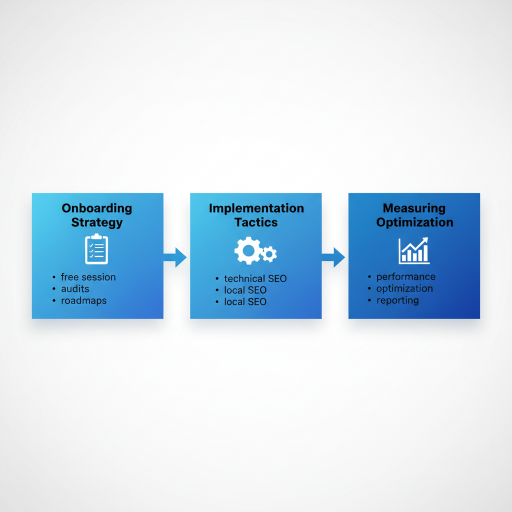 Horizontal process flow diagram illustrating three stages of how a contractor SEO agency drives results: onboarding and strategy, implementation of tactics, and measuring success.
