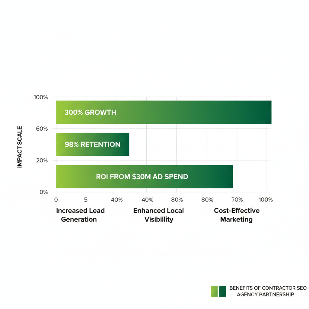 Horizontal bar chart illustrating key benefits of contractor SEO agency: 300% lead growth, 98% retention, ROI from $30M ad spend.