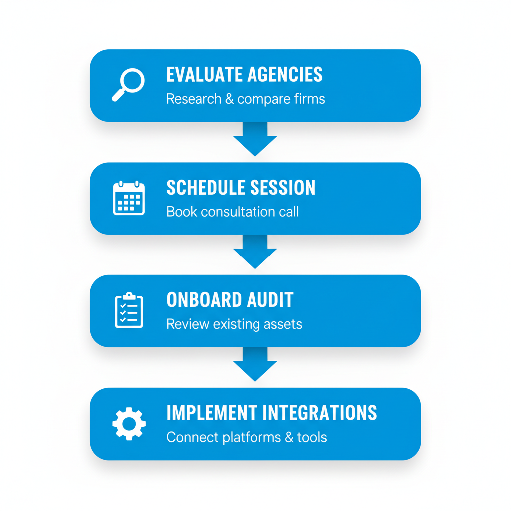 Vertical diagram illustrating four steps to begin a local marketing partnership: evaluating agencies, scheduling session, onboarding with audit, and implementing integrations