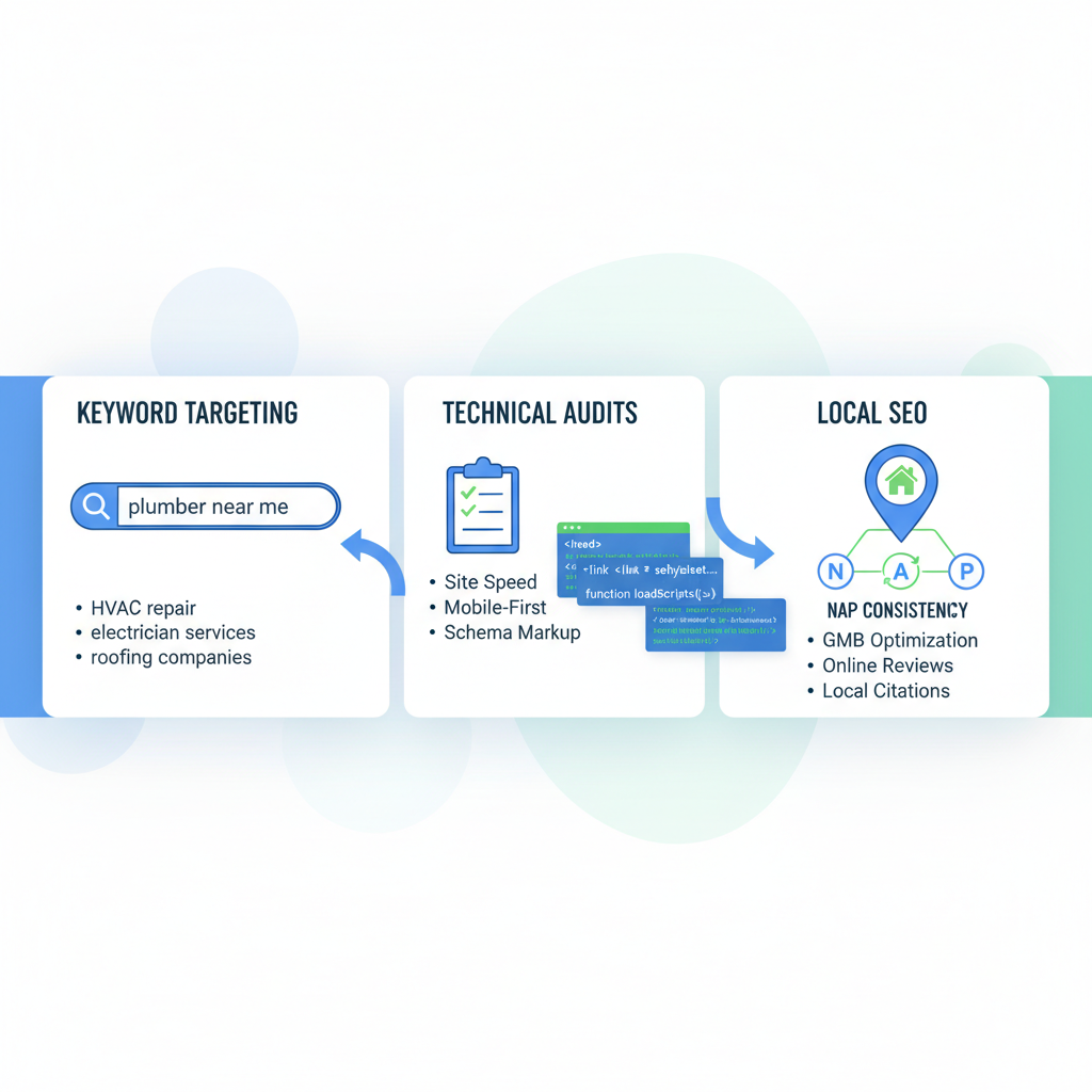 Infographic showing keyword targeting, technical audits, and local SEO components for home service contractors