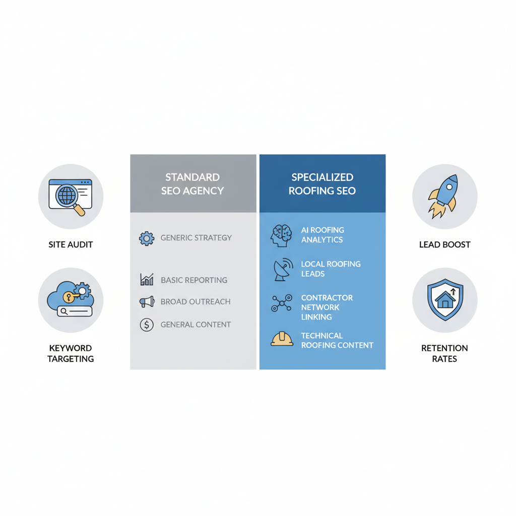 Infographic comparing standard and specialized roofing SEO services with icons and differentiations