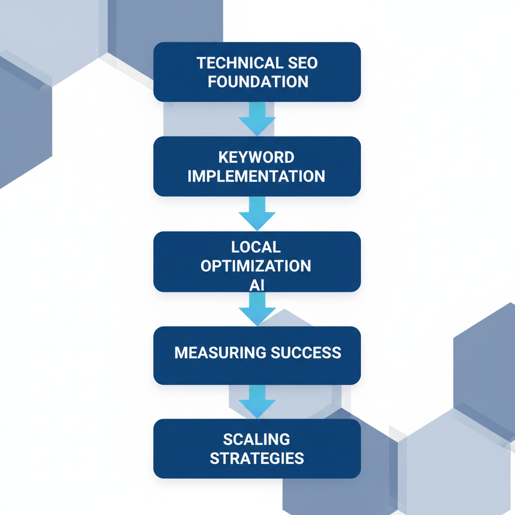 Process flow diagram illustrating five stages of roofing SEO implementation from foundation to scaling