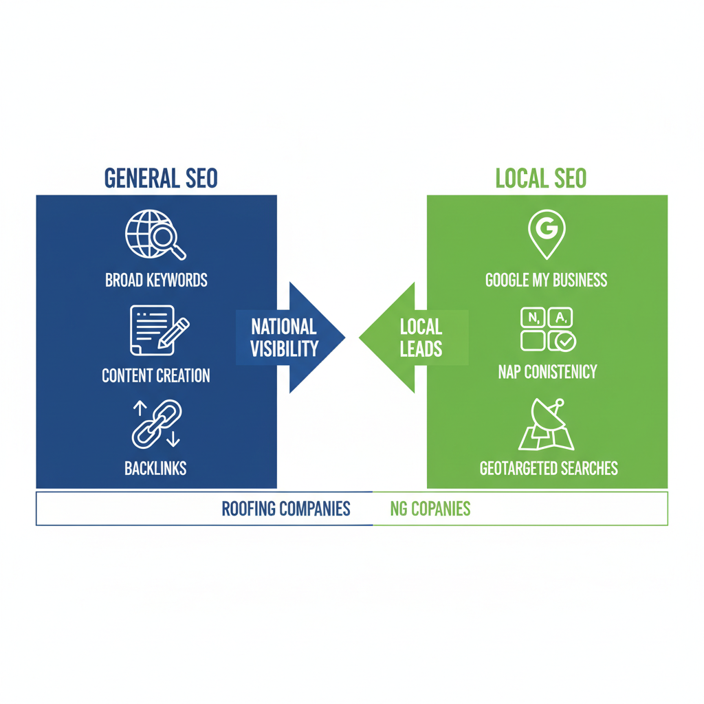 Infographic illustrating differences between general and local SEO strategies for roofing businesses with icons and labels.