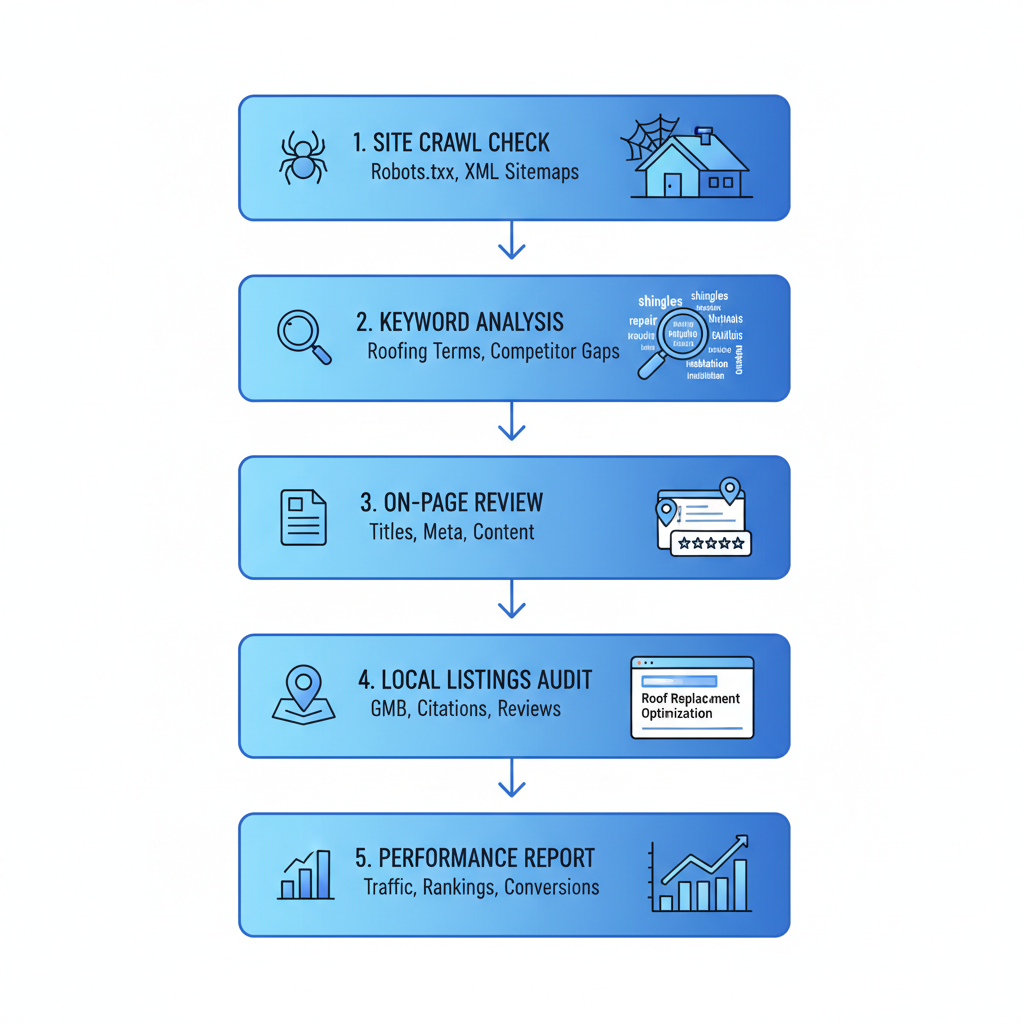 Process flow diagram illustrating five steps of an SEO audit for roofing websites, from site crawl to performance reporting