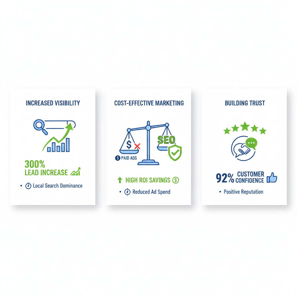 Infographic illustrating key benefits of local SEO for contractors including visibility, cost savings, and trust building