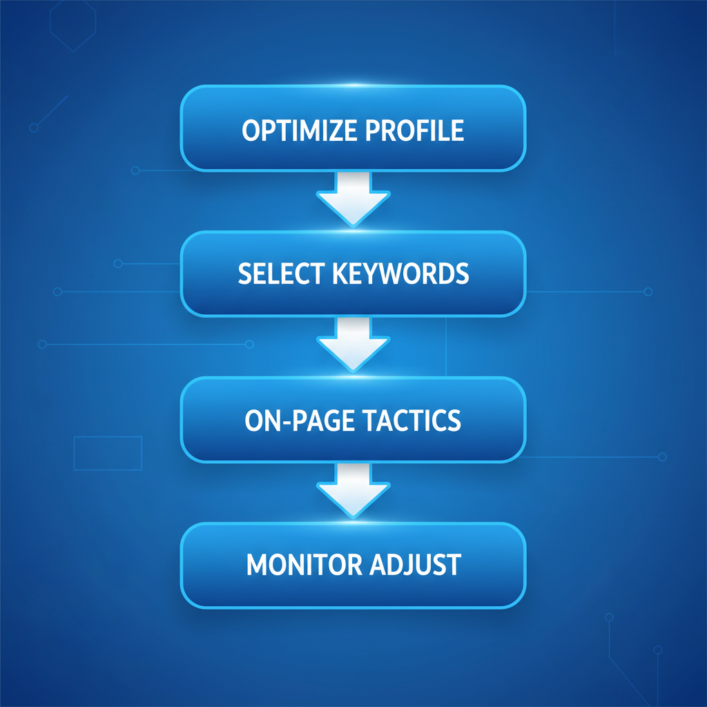 Vertical process flow illustrating five key stages of local SEO for contractors, from profile optimization to monitoring.