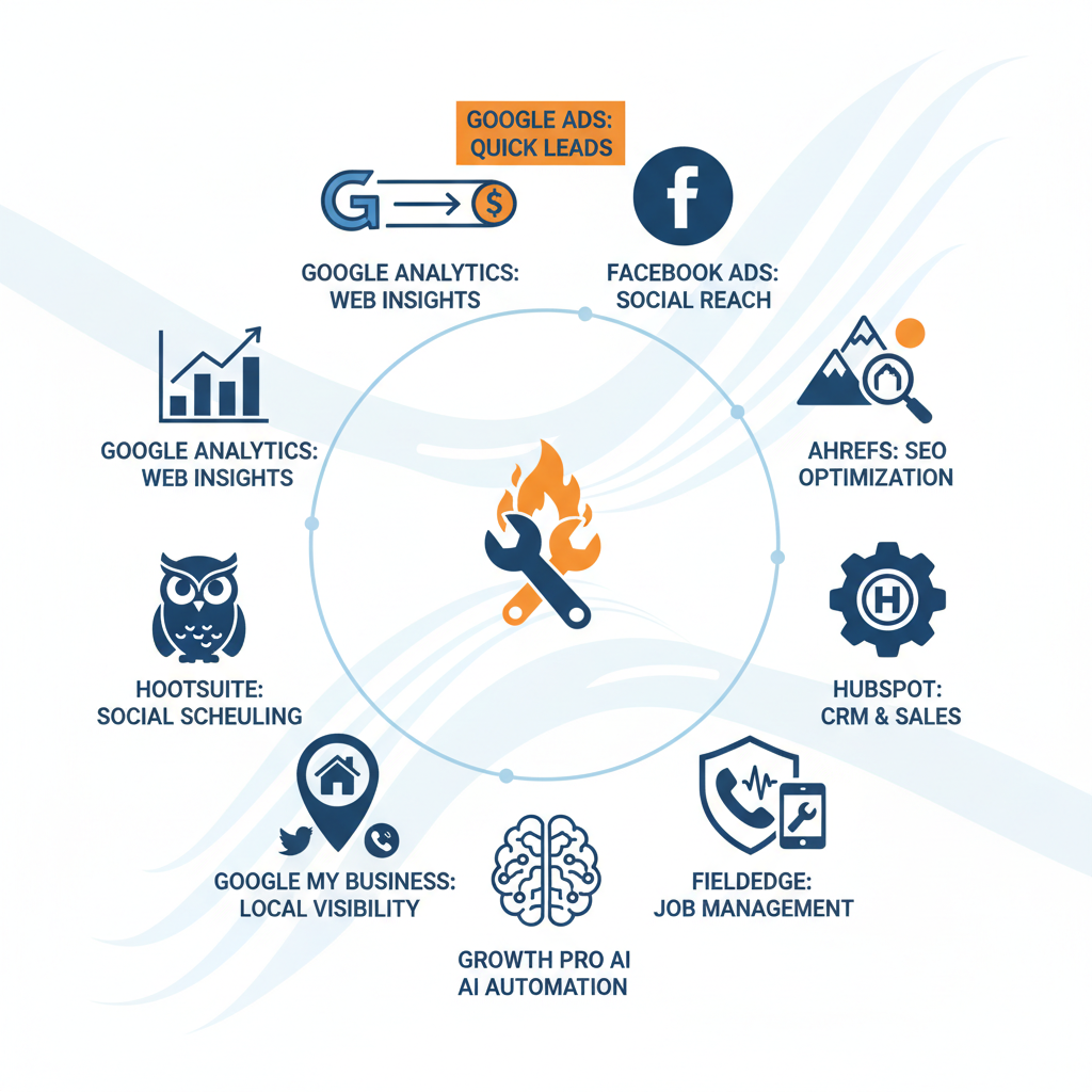 Infographic showing top 10 HVAC marketing tools icons in a circle with tool names and key benefits.