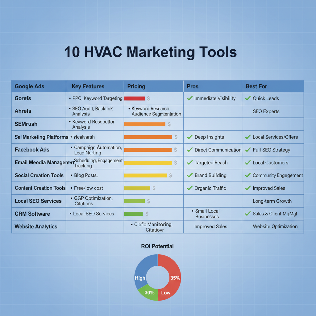 Infographic comparing top 10 HVAC marketing tools with features, pricing, pros, and ROI summary