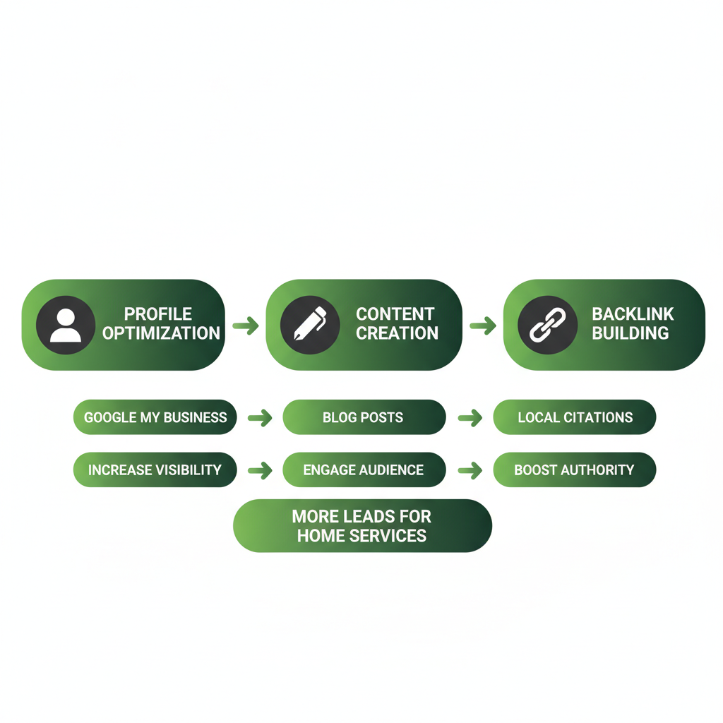 Horizontal process flow illustrating three SEO stages for generating home services leads: profile optimization, content creation, and backlink building.