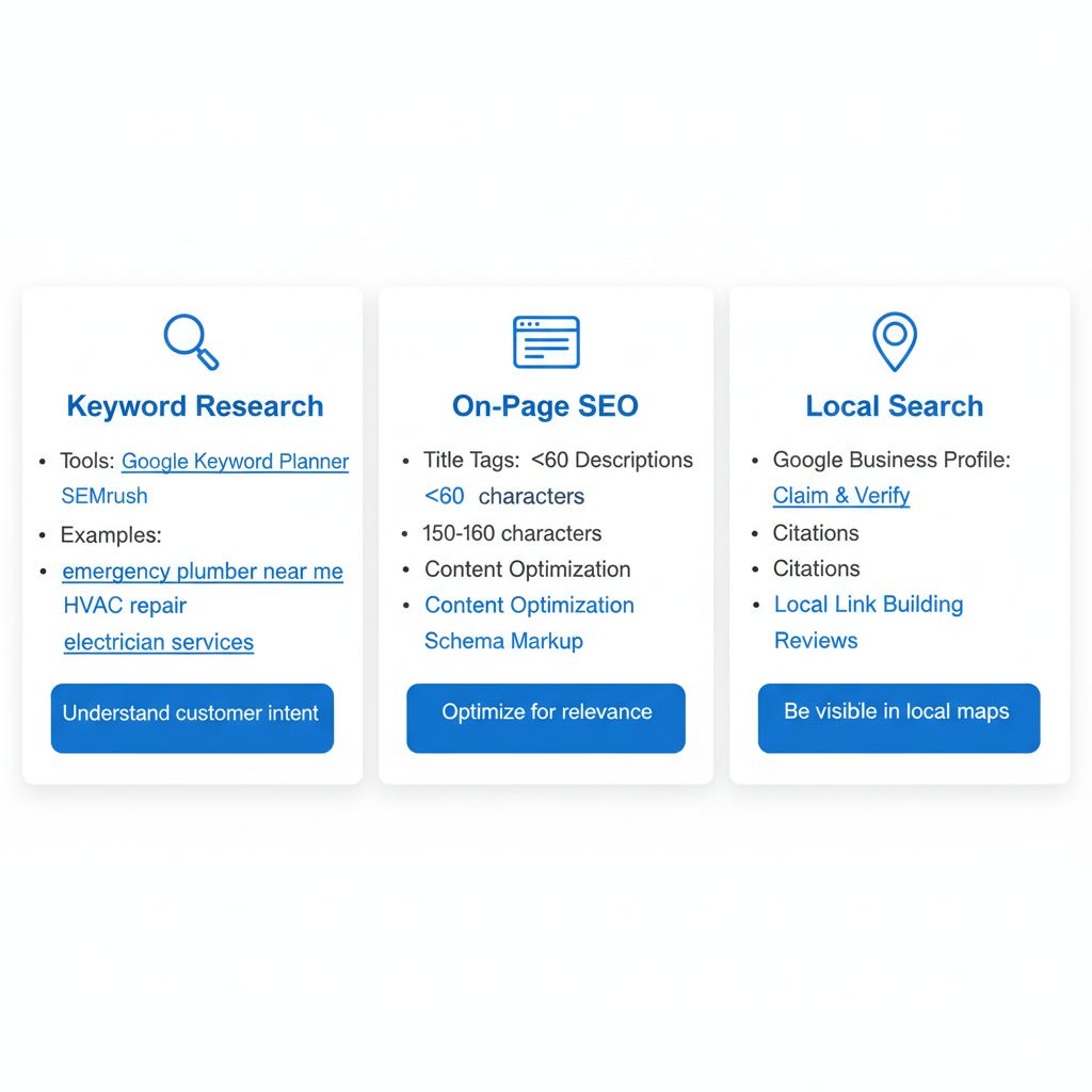 Infographic illustrating SEO fundamentals for home services: keyword research, on-page optimization, and local search essentials.