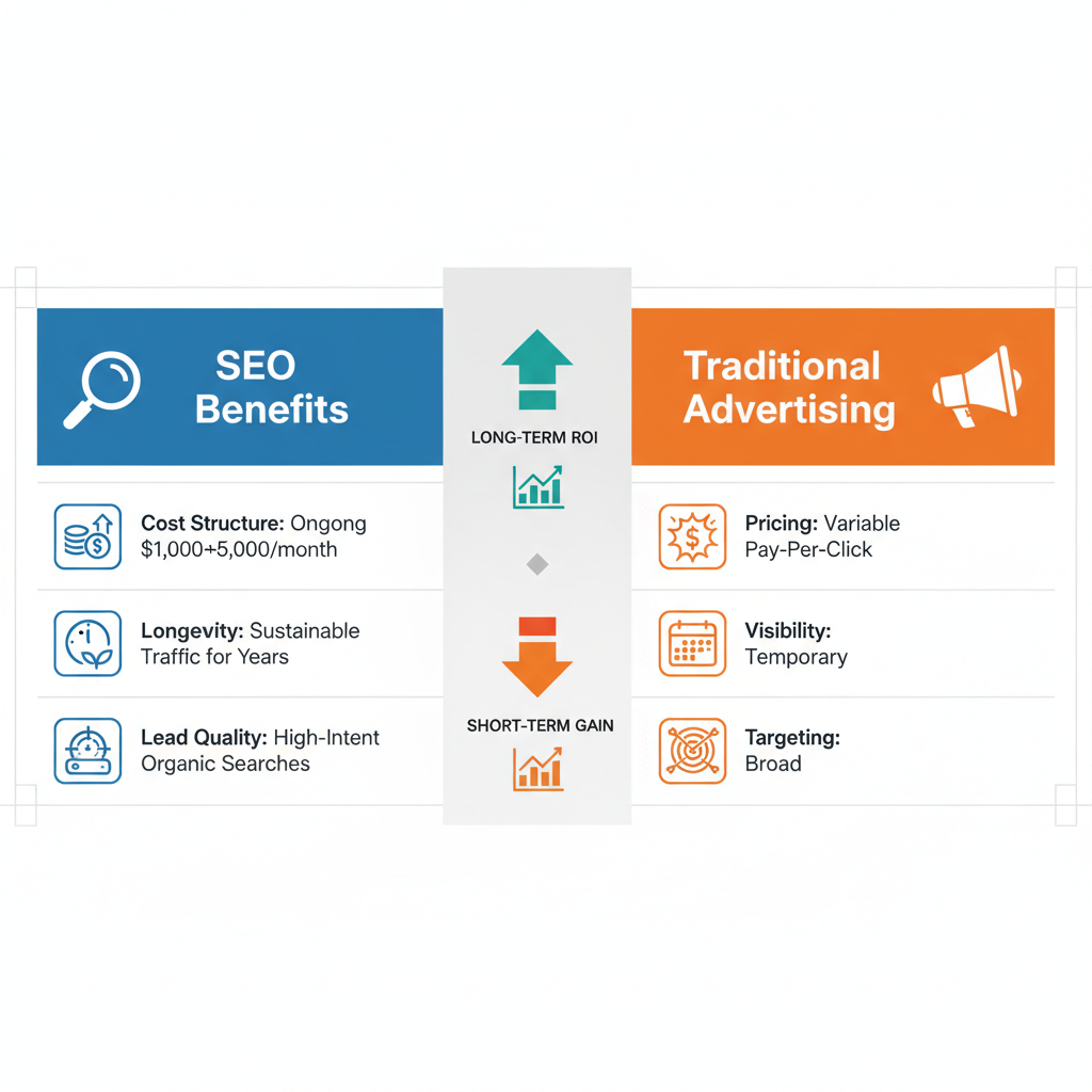 Side-by-side comparison chart of SEO benefits versus traditional advertising for contractors, highlighting cost, longevity, and lead quality.