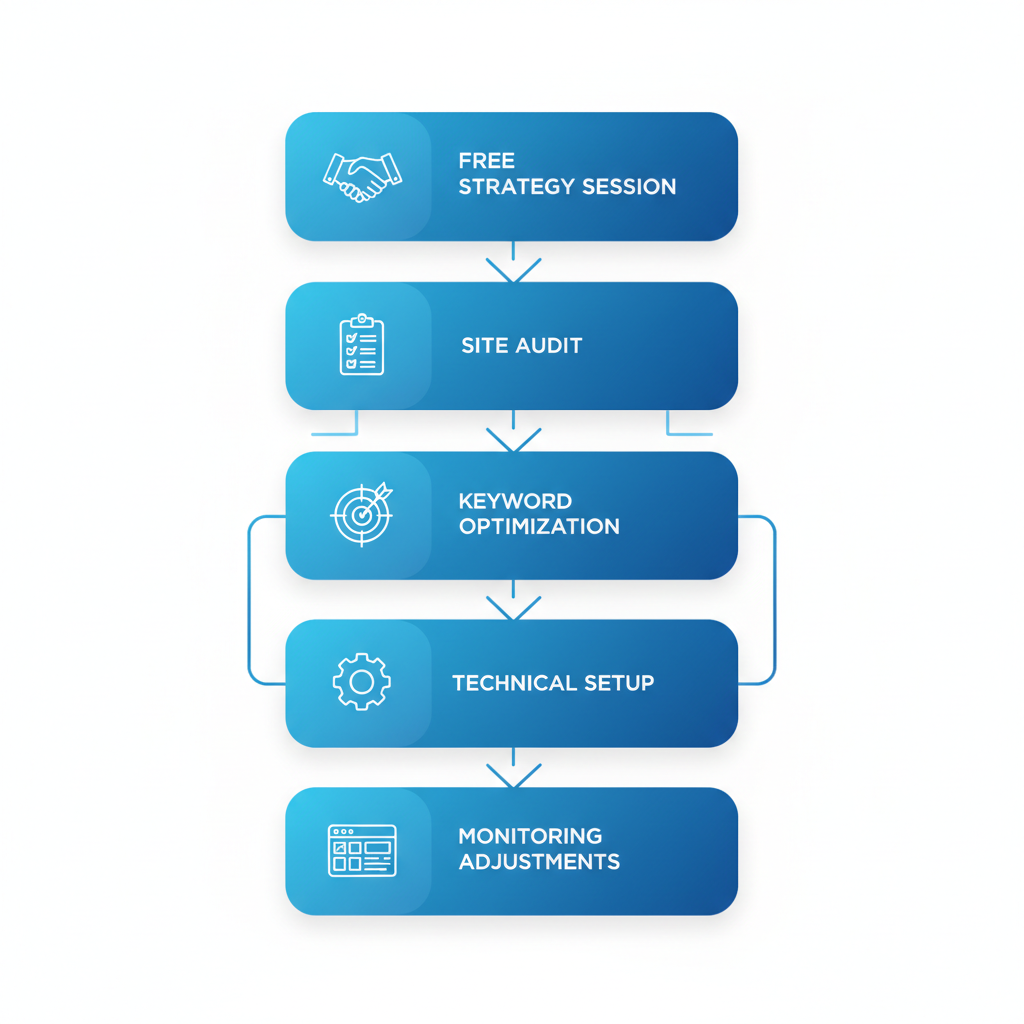 Vertical process flow diagram showing five stages of contractor SEO services implementation with icons and brief labels.