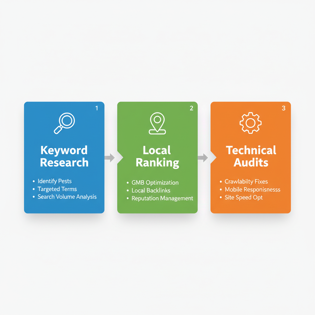 Horizontal process flow diagram illustrating three stages of pest control SEO services: keyword research, local ranking, and technical audits.