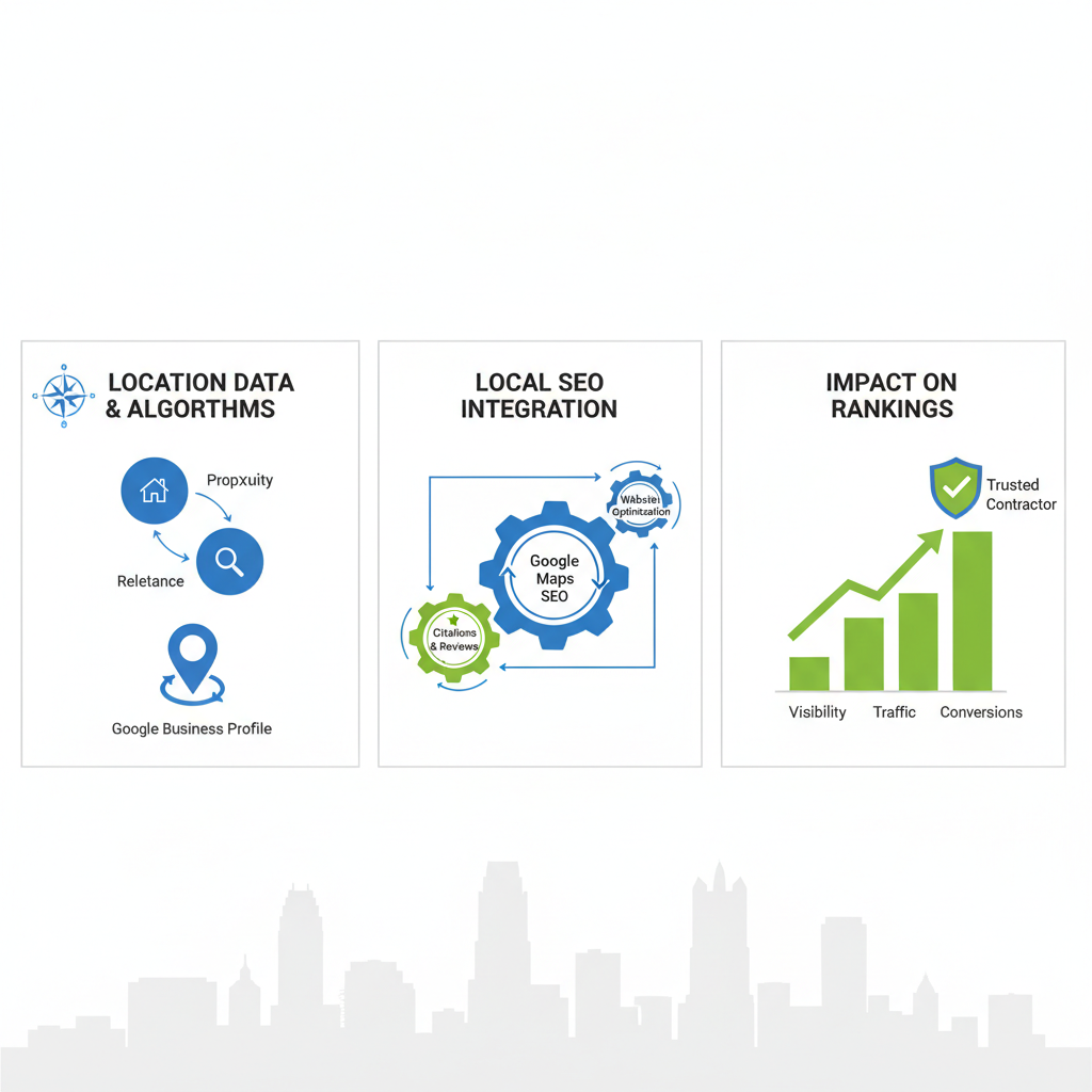 Infographic showing Google Maps SEO fundamentals with sections on components, integration, and impact for contractors